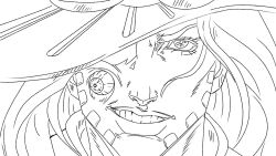 1boy beard close-up cowboy_hat english_commentary eyeball facial_hair greyscale grin gyro_zeppeli hat jojo_no_kimyou_na_bouken lineart male_focus monochrome montaire official_style parted_lips portrait smile solo steel_ball_run teeth 