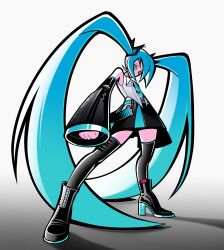  1girl absurdly_long_hair aqua_belt aqua_eyes aqua_hair aqua_necktie bare_shoulders belt black_outline black_shoes black_skirt black_sleeves black_thighhighs covered_mouth detached_sleeves eerieelixir english_commentary from_below full_body hair_ornament hair_over_mouth hatsune_miku high_heels highres long_hair necktie outline shadow shirt shoes skirt sleeveless sleeveless_shirt sleeves_past_wrists solo standing thick_outlines thigh-highs twintails very_long_hair vocaloid white_background white_shirt 