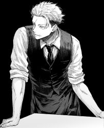  1boy black_background collared_shirt commentary_request greyscale itadori_yuuji jujutsu_kaisen jujutsu_kaisen_modulo male_focus monochrome nay_bb necktie scar scar_on_face scar_on_forehead scar_on_mouth shirt short_hair simple_background sleeve_pushed_up solo vest 