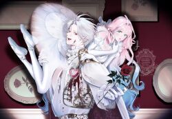  1boy 1girl b_etty01tm ballet_slippers blood blood_on_clothes blood_on_face blue_hair carrying commentary_request elbow_gloves fangs feathers flower gloves hair_flower hair_ornament hana_himeru_kimi_no_meteor hand_on_another's_leg heart-shaped_gem hetero highres holding holding_flower lavi_van_valentin looking_at_viewer multicolored_hair official_art pantyhose pectoral_cleavage pectorals picture_frame pink_hair princess_carry red_eyes red_flower red_rose rose stella_quinwich tutu two-tone_hair vampire white_flower white_gloves white_hair white_pantyhose white_rose 