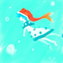  1girl blue_background blue_theme capelet closed_eyes closed_mouth colorful doremy_sweet dress fish_hat floating from51572962 from_side full_body highres short_hair solo spot_color tail tapir_girl tapir_tail touhou 