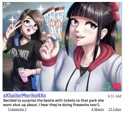  2girls absurdres bag black_hair blue-framed_eyewear bow brown_eyes brown_hair can commentary denim diskette drink_can english_commentary english_text glasses hair_bow hair_ornament hairclip heart highres holding holding_ticket hood hoodie jeans multiple_girls mystery_flesh_pit_national_park open_mouth original pants parallel_hairclips ponytail reblog_icon red_bow selfie shoulder_bag smile soda_can ticket torn_clothes torn_jeans torn_pants v 