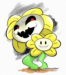  1boy 2023 2d artist_name black_background black_sclera colored_sclera commentary digital_media dual_persona english_commentary fangs flower flower_focus flowey_(undertale) gradient_background grin highres male male_only multiple_views open_mouth outline plant red_eyes simple_background skin_fangs smile solo thedavidart two-tone_background undertale utdr_(toby_fox) white_background white_outline yellow_flower 
