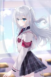  1girl absurdres armband black_shirt blue_eyes brown_jacket classroom collared_shirt commentary_request cowboy_shot cropped_jacket curtains desk floating_hair fran_vg from_side grey_skirt hair_ornament high-waist_skirt highres indoors jacket kaga_sumire kaga_sumire_(9th_costume) long_hair long_sleeves looking_at_viewer neck_ribbon parted_lips plaid_clothes plaid_skirt pleated_skirt pom_pom_(clothes) pom_pom_hair_ornament red_armband red_ribbon ribbon sailor_collar school_desk school_uniform shirt skirt solo two_side_up virtual_youtuber vspo! white_sailor_collar window 