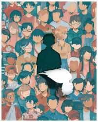  6+boys 6+girls abstract artist_name black_hair blonde_hair commentary crowd english_commentary faceless faceless_female faceless_male facing_viewer glasses hat highres hikaru_ga_shinda_natsu jacket japanese_clothes kimono long_hair male_focus multiple_boys multiple_girls paper shirt short_hair tsujinaka_yoshiki white_hair zipsunz 