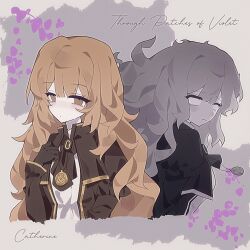  2girls absurdres ascot back-to-back brown_ascot brown_dress brown_eyes brown_gloves brown_hair catherine_(project_moon) closed_mouth dress dual_persona empty_eyes every_catherine_(project_moon) expressionless gloves gold_trim grey_dress grey_hair hashtag-only_commentary highres jewelry limbus_company locket long_hair looking_at_viewer miwu_108 multiple_girls pendant project_moon 