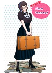  1girl black_hair black_shoes black_socks blue_dress blue_hairband blunt_sidelocks commentary_request commission dress freckles french_text full_body green_eyes hair_bun hairband high_heels kantai_collection long_hair looking_at_viewer mogador_(kancolle) polka_dot polka_dot_background second-party_source shoes sidelocks smile socks solo suitcase sunglasses tenonom 