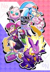  2girls :d ;o anniversary aqua_eyes aqua_hair black_jumpsuit blonde_hair bull_sprite_(pokemon) cellphone clefairy_sprite_(pokemon) colored_eyelashes commentary_request earrings eyelashes fairy_miku_(project_voltage) fingernails flower_sprite_(pokemon) gloves goggles goggles_on_head hatsune_miku headphones headphones_around_neck highres holding holding_pillow holding_poke_ball jacket jewelry jigglypuff jumpsuit long_hair long_sleeves mixed-language_commentary multicolored_hair multiple_girls nail_polish one_eye_closed open_clothes open_jacket open_mouth phone pillow pink_gloves pink_hair pink_nails pink_pupils pink_shirt platform_shoes poison_miku_(project_voltage) poke_ball poke_ball_(basic) pokemon pokemon_(creature) project_voltage purple_hair shirt shoes short_jumpsuit smartphone smile surf_sprite_(pokemon) tabetarou tongue tongue_out toxtricity toxtricity_(amped) twintails two-tone_hair very_long_hair vocaloid watermark white_jacket 