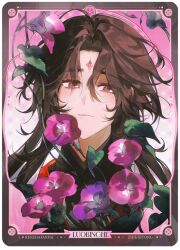  1boy black_border black_hanfu blush border brown_hair character_name chinese_clothes closed_mouth copyright_name curtained_hair eyelashes flower flower_request gradient_background hair_between_eyes halftone hanfu leaf lingjing_mxtx looking_at_viewer luo_binghe male_focus parted_bangs parted_hair pink_background pink_flower purple_flower red_eyes renzha_fanpai_zijiu_xitong smile solo wolf_cut zuiyin 