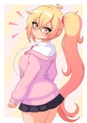  1girl absurdres ahoge akita_neru black_skirt blonde_hair border bow breasts commentary detached_ahoge diagonal-striped_background earphones earphones from_behind highres kaleislazy large_breasts light_blush long_hair looking_at_viewer miniskirt pink_sweater ponytail red_bow shirt skirt sleeves_past_wrists solo striped_background striped_bow sweater thick_thighs thighs twitter_username very_long_hair vocaloid white_border white_shirt yellow_eyes zako_(vocaloid) 