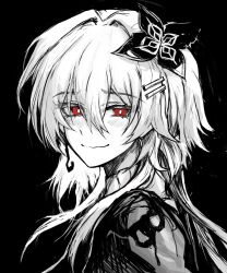  1girl black_flower commentary dual_persona earrings evernight_(honkai:_star_rail) flower flower_ornament greyscale hair_between_eyes hair_flower hair_ornament hairclip highres honkai:_star_rail honkai_(series) jewelry korean_commentary march_7th_(honkai:_star_rail) monochrome red_eyes single_earring smile solo ssn_(summ9296) 