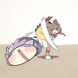  absurdres animal_ear_fluff animal_ears black_hoodie blush blush_stickers braid brown_eyes brown_hair cat_ears cat_girl cat_tail cocomayo29_(tomato) commentary_request dog_ears dog_girl dog_tail dress highres hololive hood hoodie inugami_korone inugami_korone_(1st_costume) jacket korean_commentary long_sleeves nekomata_okayu nekomata_okayu_(1st_costume) open_mouth purple_hair tail throwing throwing_person twin_braids violet_eyes virtual_youtuber yellow_jacket 