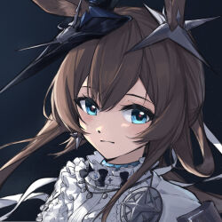  1girl amiya_(arknights) amiya_(guard)_(arknights) amiya_(guard)_(in_a_myriad_of_universes)_(arknights) animal_ears arknights black_background blue_eyes blush brown_hair closed_mouth commentary frilled_shirt frills hair_between_eyes highres light_particles long_hair looking_at_viewer official_alternate_costume portrait shirt solo untranslatable_commentary white_shirt xia_bao_(wulalala) 