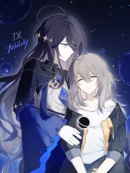  1girl 1other ambiguous_gender androgynous artist_name bad_id bad_lofter_id black_hair blue_background character_name coat collarbone couple dress floating grey_coat grey_eyes grey_hair hair_between_eyes highres honkai:_star_rail honkai_(series) ix_(honkai:_star_rail) leaning_on_person leaning_to_the_side long_hair long_sleeves looking_down nihility_symbol_(honkai:_star_rail) open_clothes open_coat open_mouth orb shade shirt sleeping stelle_(honkai:_star_rail) trailblazer_(honkai:_star_rail) wavy_hair white_shirt wide_sleeves xinjinjumin0446732 