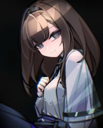  1girl arknights black_background black_eyes black_hairband brown_hair capelet chromatic_aberration closed_mouth commentary commission diamond-shaped_pupils diamond_(shape) english_commentary hairband hand_on_own_chest highres long_hair long_sleeves looking_at_viewer makaroll mixed-language_commentary pixiv_commission priestess_(arknights) shirt simple_background smile solo split_mouth symbol-shaped_pupils white_capelet white_shirt 