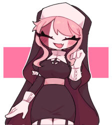  1girl :d ^_^ belt black_dress breasts cleavage_cutout closed_eyes clothing_cutout colored_skin commentary_request corrupted_twitter_file covered_groin cowboy_shot cxolzayti1bx36l dress facing_viewer fang fewer_digits friday_night_funkin' frilled_sleeves frills from_below garter_straps hand_in_own_hair hand_up highres impossible_clothes impossible_dress large_breasts layered_sleeves long_sleeves no_eyebrows no_nose nun nun_headdress open_mouth outline pencil_dress pink_background pink_belt pink_hair puffy_short_sleeves puffy_sleeves sarvente_(friday_night_funkin') short_dress short_hair_with_long_locks short_over_long_sleeves short_sleeves simple_background skin_fang sleeve_cuffs smile solo standing straight-on swept_bangs thigh_gap tongue two-tone_background white_background white_outline white_skin 