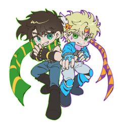  2boys battle_tendency blonde_hair blue_jacket boots brown_hair caesar_anthonio_zeppeli chibi commentary_request denim facial_mark feather_hair_ornament feathers fighting_stance fingerless_gloves gijojogi gloves green_eyes green_scarf hair_ornament headband jacket jeans jojo_no_kimyou_na_bouken joseph_joestar joseph_joestar_(young) knee_pads korean_commentary male_focus midriff multiple_boys pants scarf striped_clothes striped_scarf triangle_print vertical-striped_clothes vertical-striped_scarf yellow_scarf 