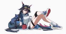  1girl arknights arknights:_endfield bag black_hair black_horns black_shorts blue_jacket blue_shoes chen_qianyu_(arknights) commentary diamond-shaped_pupils diamond_(shape) dragon_girl dragon_horns dragon_tail eastern_dragon_horns eastern_dragon_tail eyewear_on_head full_body hair_between_eyes highres horns jacket legs long_hair long_sleeves looking_at_viewer multicolored_horns multicolored_shoes open_clothes open_jacket postalworks red_bag red_horns red_pupils red_shoes shirt shoes short_shorts shorts shoulder_bag simple_background sitting smile sneakers socks solo symbol-shaped_pupils tail teeth thigh_strap two-tone_horns white_background white_shirt white_shoes white_socks yellow_eyes 