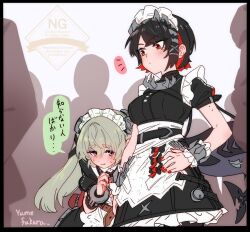  2girls artist_name black_dress breasts colored_inner_hair commentary_request corin_wickes cuffs dress ellen_joe fins fish_tail green_hair hair_between_eyes hand_on_own_hip long_hair looking_at_another maid maid_headdress mole mole_under_eye multicolored_hair multiple_girls multiple_others notice_lines people puffy_short_sleeves puffy_sleeves red_hair red_nails screw_hair_ornament shark_girl shark_tail short_sleeves sweat tail translation_request twintails violet_eyes yumefukura zenless_zone_zero 