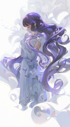 1girl absurdres closed_eyes closed_mouth dress elbow_gloves fern_(sousou_no_frieren) flower gloves highres long_hair purple_hair smoke solo sousou_no_frieren standing very_long_hair white_background white_dress white_flower white_gloves ying_yi 