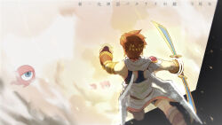  1boy angel angel_wings anniversary bow_(weapon) brown_hair clenched_hand commentary_request fenekia from_behind holding holding_bow_(weapon) holding_weapon kid_icarus kid_icarus_uprising looking_at_another monoeye one-eyed palutena_bow_(kid_icarus) pit_(kid_icarus) tentacles weapon wings 