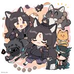  1boy 2girls animal animal_ears animalization arknights arm_up armor bangs beads belt_buckle bitey_(arknights) black_hair blue_horns blush_stickers bowl buckle cat ceobe_(arknights) chibi chopsticks closed_eyes closed_mouth commentary_request doctor_(arknights) dog_ears dog_girl dog_tail dragon_girl dragon_horns drooling dusk_(arknights) figure fingerless_gloves geta gloves hair_over_one_eye heart highres holding holding_chopsticks holding_weapon hood hood_down horns japanese_clothes kimono kyou_039 long_hair long_sleeves multiple_girls multiple_views naginata necktie notice_lines open_mouth phone pointy_ears polearm prayer_beads praying rainbow red_eyes red_necktie rice rice_bowl saga_(arknights) saliva speech_bubble star_(symbol) sweatdrop tabi tail teeth uwu weapon white_background wrist_guards yellow_eyes 