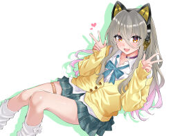  1girl amuzaki_romu animal_ear_headphones animal_ears aqua_bow aqua_bowtie aqua_skirt bow bow_legwear bowtie brown_eyes cardigan cat_ear_headphones cat_ears choker choukou_(alicesoft) choukou_taisen_escalation_heroines collared_shirt double_v drop_shadow fake_animal_ears fang feet_out_of_frame gradient_hair grey_hair gyaru hair_between_eyes hakoishi_haru hands_up headphones heart highres kogal long_hair long_sleeves looking_at_viewer loose_socks miniskirt multicolored_hair official_art open_mouth pink_hair pleated_skirt purple_choker shirt simple_background sitting skin_fang skirt sleeves_past_wrists smile socks solo thigh_strap two-tone_hair v white_background white_shirt white_socks yellow_cardigan 