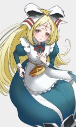  1girl akatsuki_(akatsukinotsuki) apron blonde_hair blue_dress bow breasts commentary_request cross cross_facial_mark dress facial_mark forehead_mark forehead_tattoo hair_bow hand_on_own_chest highres juliet_sleeves long_hair long_sleeves looking_at_viewer mahou_shoujo_ni_akogarete morino_korisu neck_ribbon nero_alice puffy_sleeves red_eyes red_ribbon ribbon simple_background solo star_(symbol) star_tattoo tattoo white_apron white_bow 