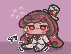  1girl :3 chibi chibi_only commentary_request flying_sweatdrops full_body grey_jacket grey_pants hat horns jacket jitome korean_commentary korean_text long_hair mini_hat mini_top_hat monocle monyami pants purple_background red_eyes red_hair rollett_(trickcal) sitting solo top_hat translation_request trickcal 