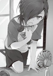  029 1boy bottle electric_fan greyscale hair_over_one_eye hand_on_floor hataraku_maou-sama! highres holding holding_bottle indoors monochrome novel_illustration official_art on_one_knee open_mouth shirt short_sleeves solo t-shirt tatami third-party_source urushihara_hanzou water window 