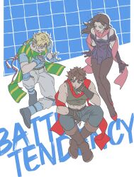  1girl 2boys absurdres battle_tendency black_hair blonde_hair blue_shirt boots brown_hair caesar_anthonio_zeppeli commentary crop_top denim dress earrings elbow_gloves feather_hair_ornament feathers fingerless_gloves gijojogi gloves green_scarf hair_ornament highres jeans jewelry jojo_no_kimyou_na_bouken joseph_joestar joseph_joestar_(young) knee_pads lisa_lisa long_hair multiple_boys muted_color pants pantyhose pink_scarf red_scarf scarf shirt striped_clothes striped_scarf untranslatable_commentary vertical-striped_clothes vertical-striped_scarf yellow_scarf 