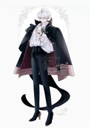  1boy absurdres b_etty01tm blue_flower blue_rose cape commentary_request earrings fangs flower gold_trim hana_himeru_kimi_no_meteor heterochromia high_heels highres jacket jacket_on_shoulders jewelry lavi_van_valentin looking_at_viewer male_focus official_art pants pectoral_cleavage pectorals rose shirt vampire white_hair 