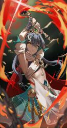  1girl absurdres armpits arms_up blurry bra bridal_gauntlets chinese_clothes clothing_cutout commentary depth_of_field detached_collar detached_sleeves dress fire glint green_background grey_hair hair_between_eyes hair_ornament headpiece highres holding holding_sword holding_weapon honkai:_star_rail honkai_(series) huge_weapon jewelry light_particles long_hair looking_at_viewer looking_down multicolored_eyes open_mouth orange_eyes pendant po_(popopo2525x) short_sleeves solo stomach sword underwear upper_body weapon yunli_(honkai:_star_rail) 