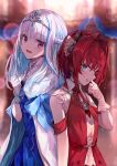  2girls :d ange_katrina bangs black_bow blue_bow blue_dress blue_eyes blue_hair blunt_bangs blurry blurry_background blush bow bridal_gauntlets cloak commentary_request depth_of_field dress fur-trimmed_cloak fur_trim gloves hair_bow hair_intakes hand_up headpiece highres lize_helesta looking_at_viewer looking_to_the_side makihitsuji multicolored_hair multiple_girls nijisanji open_mouth red_dress redhead revision see-through sleeveless sleeveless_dress smile two-tone_hair violet_eyes virtual_youtuber white_cloak white_gloves white_hair 