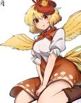  1girl animal_on_head bangs bird bird_on_head bird_tail bird_wings blonde_hair boots breasts brown_footwear chick collared_dress commentary_request dress feathered_wings highres medium_breasts multicolored_hair neckerchief niwatari_kutaka on_head open_mouth orange_dress orange_eyes parted_lips puffy_short_sleeves puffy_sleeves red_neckerchief redhead shirt shishui_guima short_hair short_sleeves simple_background sitting solo tail tail_feathers touhou two-tone_hair wariza white_background white_shirt wings yellow_wings 