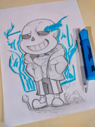  1boy 2025 2d aqua_background art_tools_in_frame artist_name black_shorts blue_jacket bone chibi chibi_only commentary drawstring english_commentary fiery_background flaming_eye full_body glowing glowing_eye graphite_(medium) grey_hood half-closed_eyes hands_in_pockets highres hollow_eyes hood hood_down hooded_jacket humanoid jacket long_sleeves male male_focus male_only marker_(medium) monster monster_boy open_clothes open_jacket photo_(medium) sans_(undertale) shirt shorts sideways_glance signature simple_background single_vertical_stripe skeleton slippers socks solo standing striped_shorts teeth thedavidart traditional_media undead undertale utdr_(toby_fox) vertical-striped_clothes vertical-striped_shorts white_background white_shirt white_stripes 