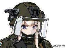  1girl absurdres ak-74m ak74m_(girls'_frontline) assault_rifle brown_hair commentary_request dated girls_frontline gun headset helmet highres kalashnikov_rifle long_hair rifle russian_flag simple_background solo user_sgex8545 violet_eyes weapon white_background 