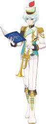  1boy artist_request band_uniform blue_hair book boots closed_mouth commentary english_commentary full_body game_cg gloves gradient_hair hat highres holding holding_book holding_instrument holding_trumpet instrument looking_at_object marching_band mikleo_(marching_band)_(tales) mikleo_(tales) multicolored_hair official_alternate_costume official_art pants shako_cap short_hair solo standing tales_of_(series) tales_of_asteria tales_of_zestiria third-party_source transparent_background trumpet two-tone_hair violet_eyes white_boots white_gloves white_hair white_pants 