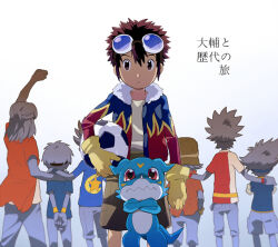 6+boys akashi_tagiru arm_around_shoulder ball blue_shirt blue_skin colored_skin commentary_request crossed_arms daimon_masaru_(digimon_savers) digimon digimon_(creature) digimon_adventure digimon_adventure_02 digimon_frontier digimon_savers digimon_tamers digimon_xros_wars flame_print fur_trim gloves goggles goggles_on_head hat kanbara_takuya kudou_taiki male_focus matsuda_takato motomiya_daisuke multicolored_skin multiple_boys nose_horn red_shirt shirt shorts simple_background soccer_ball spiky_hair t_k_g two-tone_shirt two-tone_skin v-mon white_shirt white_skin wristband yagami_taichi 