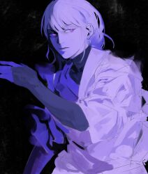  1girl alternate_costume bad_id bad_twitter_id black_background braid bridal_gauntlets colored_skin genshin_impact highres japanese_clothes kimono looking_to_the_side mole mole_under_eye monochrome onevwin purple_hair purple_kimono purple_skin raiden_shogun shade single_braid solo upper_body violet_eyes 