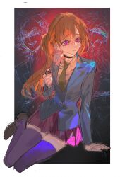  1girl absurdres arm_support binxngchng1 black_choker blue_jacket border brown_shoes chidouin_sara chinese_commentary choker commentary_request green_necktie hallucination hand_up highres holding jacket kimi_ga_shine long_hair long_sleeves necktie orange_hair outside_border parted_lips pink_skirt ponytail purple_thighhighs scared school_uniform shirt shoes side_ponytail sitting skirt solo tazuna_joe thigh-highs violet_eyes white_border 