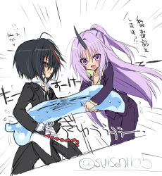  1boy 1girl akatsuki_(ggsy7885) black_coat black_hair black_horns black_pants black_sclera blush coat collarbone collared_shirt colored_sclera commentary_request cowboy_shot cropped_legs diablo_(tensura) dutch_angle fang hair_between_eyes high_collar highres horns jacket leaning_forward long_hair looking_at_another medium_hair multicolored_hair one_side_up open_clothes open_coat open_mouth pants parted_lips partially_open_jacket purple_hair purple_jacket purple_pants red_hair rimuru_tempest_(slime) shion_(tensura) shirt simple_background single_horn slime_(creature) smile standing straight_hair streaked_hair tensei_shitara_slime_datta_ken translation_request tug_of_war two-tone_hair v-shaped_eyebrows violet_eyes white_background white_shirt yellow_eyes 