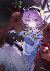  1girl absurdres animal_on_lap animalization bird black_bird black_cat black_hairband blue_shirt bow breasts buttons cat cat_on_lap closed_mouth commentary_request couch eyeball frilled_shirt_collar frilled_skirt frilled_sleeves frills green_bow hair_ornament hairband heart heart_button heart_hair_ornament highres hxj_(2324184595) kaenbyou_rin kaenbyou_rin_(cat) komeiji_satori large_breasts long_sleeves on_couch on_lap pantyhose pink_eyes pink_hair pink_skirt red_bow reiuji_utsuho reiuji_utsuho_(bird) ribbon-trimmed_collar ribbon_trim satori_day shirt short_hair sitting skirt smile stretching third_eye touhou white_pantyhose wide_sleeves 