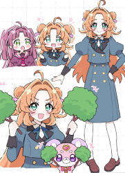  +++ 2girls aged_up ahoge akechi_anna blue_jacket blue_ribbon blue_skirt branch brown_shoes buttons clenched_hand closed_mouth commentary cropped_torso double-breasted double_bun dress dress_shirt green_eyes hair_bun hair_intakes hair_ribbon hand_on_own_hip high-waist_skirt highres holding holding_branch jacket juliet_sleeves kobayashi_mikuru loafers long_hair long_sleeves looking_at_another looking_at_viewer makoto_mirai_academy_high_school_uniform makoto_mirai_academy_middle_school_uniform medium_skirt meitantei_precure! multiple_girls neck_ribbon neckerchief open_mouth pantyhose pink_ribbon pochi-tan precure puffy_sleeves purple_dress purple_hair purple_neckerchief red_hair ribbon sailor_collar sateto_(user_knrf2332) school_uniform shirt shoes skirt smile sparkle standing two_side_up white_pantyhose white_sailor_collar white_shirt 