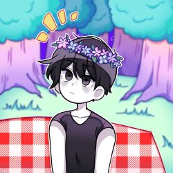  1boy alternate_costume black_eyes black_hair black_shirt blurry blurry_background blush closed_mouth colored_skin commentary english_commentary flower flower_wreath forest head_wreath highres male_focus nature omori omori_(omori) reii163 shirt short_hair solo t-shirt tree upper_body white_skin 