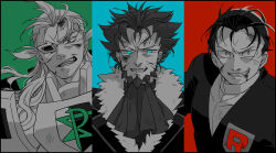  3boys ascot beard black_coat blazer blood blood_from_forehead blood_from_mouth blood_in_hair blood_on_face blue_background blue_eyes chinstrap_beard coat commentary_request constricted_pupils facial_hair facing_viewer fur-trimmed_coat fur_trim ghetsis_(pokemon) giovanni_(pokemon) green_background grey_ascot grey_cloak grey_hair grin hair_slicked_back high_contrast injury jacket looking_ahead lysandre_(pokemon) male_focus monochrome multiple_boys open_mouth pokemon pokemon_bw pokemon_frlg pokemon_xy red_background scouter scratches shirt side-by-side smile spot_color sun-baby three-toned_background upper_body wavy_hair white_shirt 