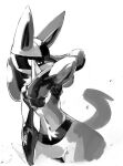  1boy absurdres animal_ears arm_at_side arm_up body_fur commentary_request covering_mouth cowboy_shot furry furry_male greyscale highres looking_to_the_side lucario male_focus monochrome multicolored_fur navel pokemon pokemon_(creature) sketch snout solo spikes standing stomach syuya tail wolf_boy wolf_ears wolf_tail 