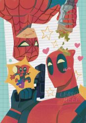  2boys aqua_border artist_name bodysuit border burrito chibi chibi_inset covered_collarbone deadpool deadpool_(series) eating food food_on_head gun handgun hashtag-only_commentary heart highres holding holding_food holding_gun holding_weapon hug implied_yaoi lemmonreef male_focus marvel marvel_rivals mask mask_lift multiple_boys object_on_head peter_parker red_bodysuit red_mask spider-man spider-man_(series) spider_web_print star_(symbol) superhero_costume surprise_hug surprised sword sword_on_back upper_body upside-down weapon weapon_on_back 
