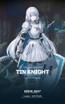  1girl armor artist_request blue_eyes full_body grey_hair grimlight highres holding holding_weapon long_hair long_sleeves looking_at_viewer official_art shield solo tin_knight_(grimlight) twintails weapon weapon_request 