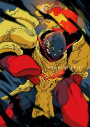  1boy armarouge armor artist_name black_helmet black_skin blurry blurry_foreground breastplate colored_skin commentary decorations dirt embers facing_viewer faulds fire flaming_eye helmet highres light_particles looking_at_viewer on_one_knee outdoors outstretched_arm pauldrons plume pokemon pokemon_(creature) pokemon_focus reaching reaching_towards_viewer red_eyes red_skin shoulder_armor shoutarou_(shoutarotttt) smoke vignetting yellow_armor 